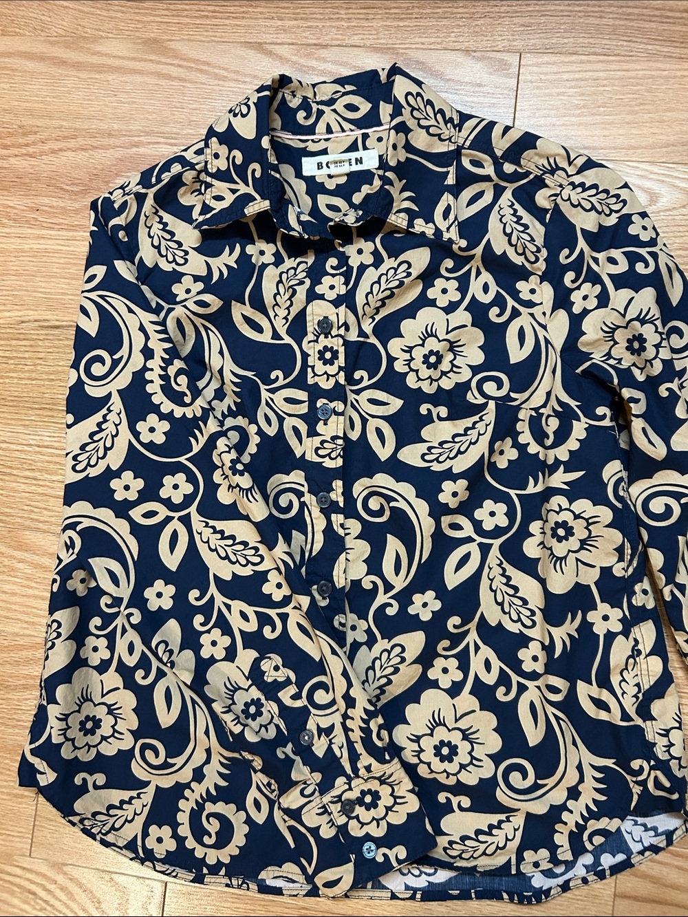 Boden Navy and Beige Floral Button-Down Blouse